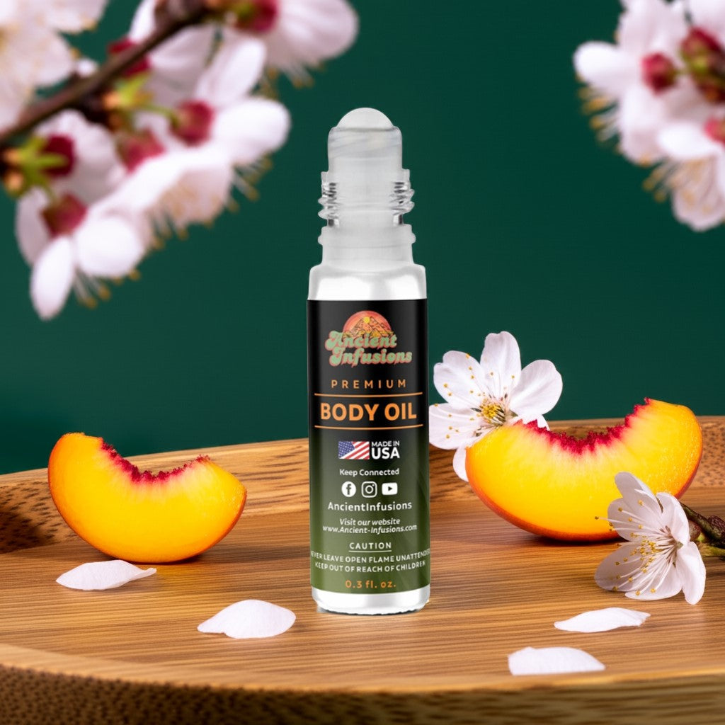 Love Spell Inspired Body Oil bottle with peach slices and cherry blossoms