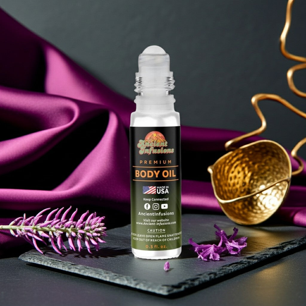 Maison Francis Kurky EDP Inspired Body Oil roll-on bottle with lavender and gold accents on a slate background.