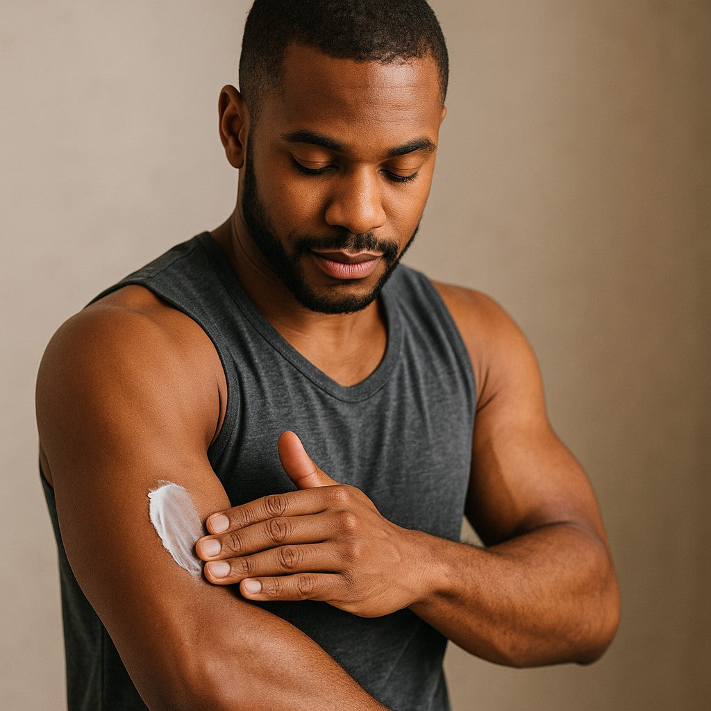 Man applying Frankincense & Myrrh whipped shea butter to arms