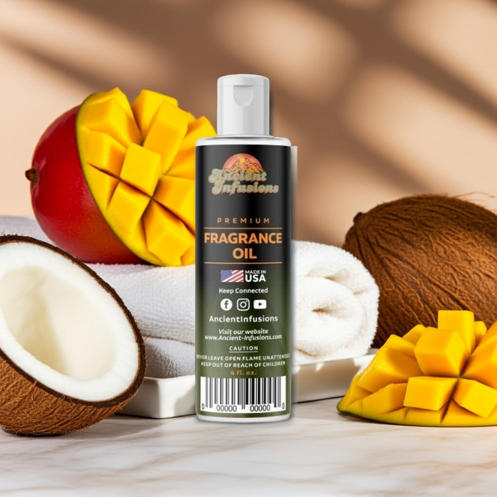 Bottle of fragrance oil with mango and coconut on a wooden surface