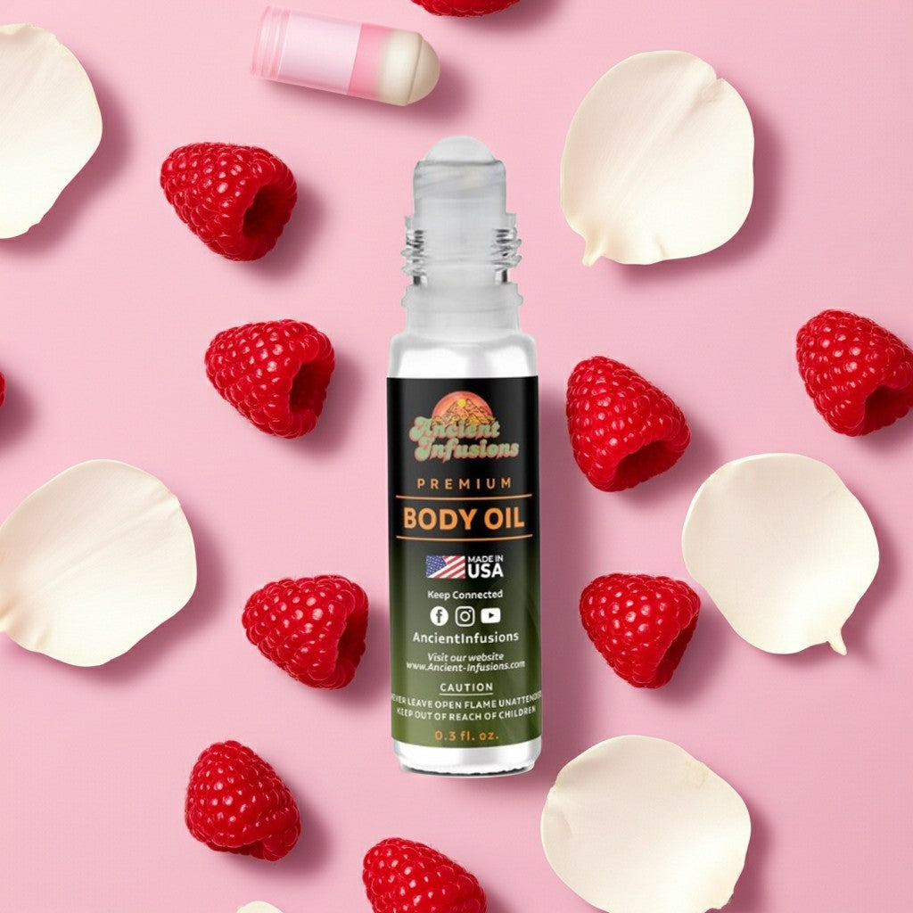 Marc Jacobs Love So Sweet Inspired Body Oil with raspberries and petals on pink background