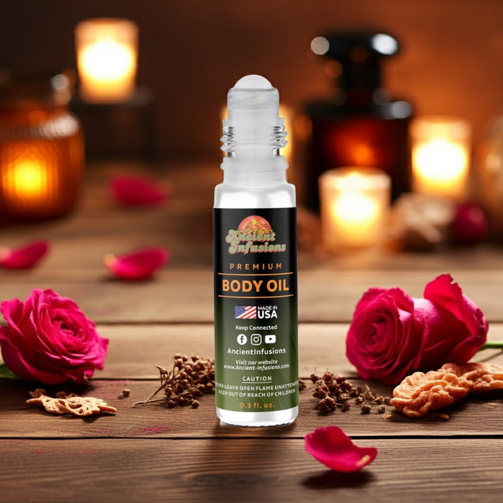 Mary J. Blige inspired body oil on wood tray with soft rose petals and warm background tones
