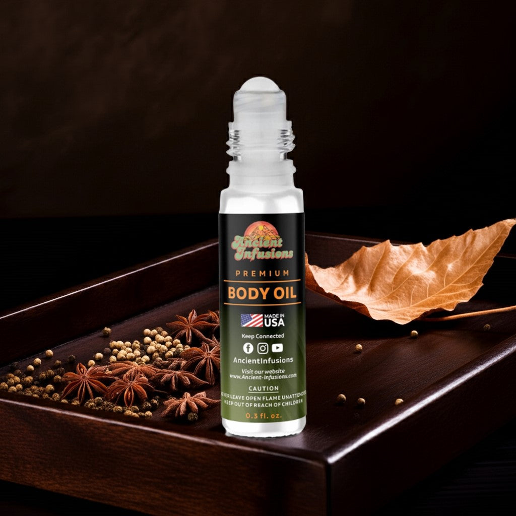 Michael Kors for Men inspired body oil standing upright on wooden platform with spice and floral accents