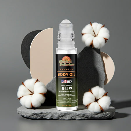 Off-White Solution 1 Inspired Body Oil with cotton and abstract background