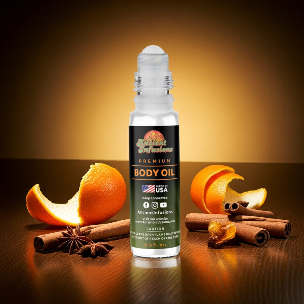 One Million inspired body oil standing upright on golden wood surface with rich amber and citrus glow