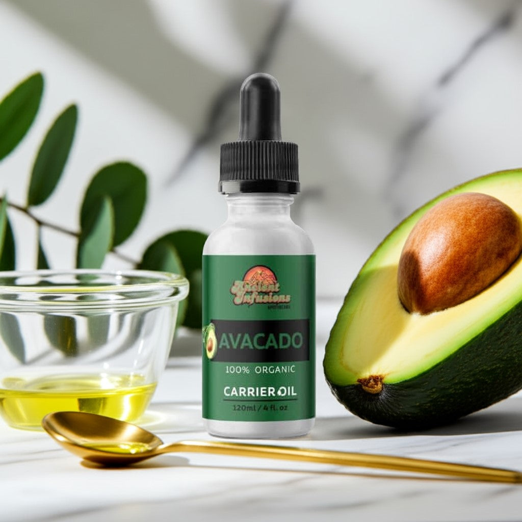 Organic avocado oil carrier oil by Ancient Infusions β 100% pure cold-pressed oil for skin hydration, hair care, and natural nourishment.