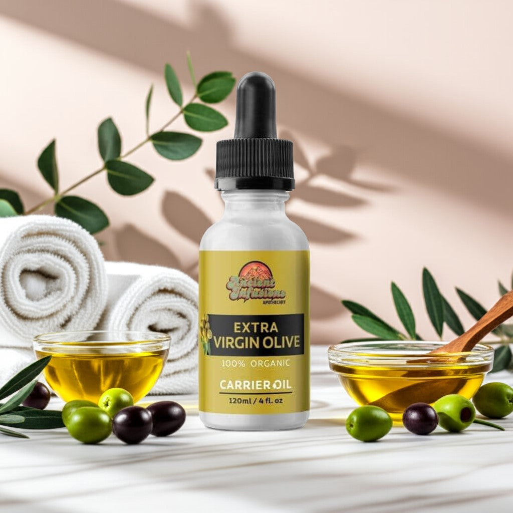 Organic extra virgin olive oil carrier oil by Ancient Infusions ā 100% pure cold-pressed oil for skin nourishment, hair care, and natural hydration.