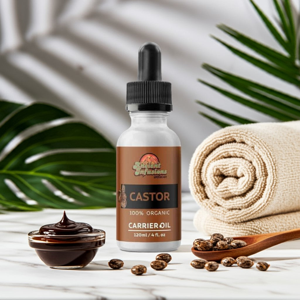 Organic Jamaican castor oil carrier oil by Ancient Infusions – 100% pure natural oil for hair growth, scalp care, and skin hydration.