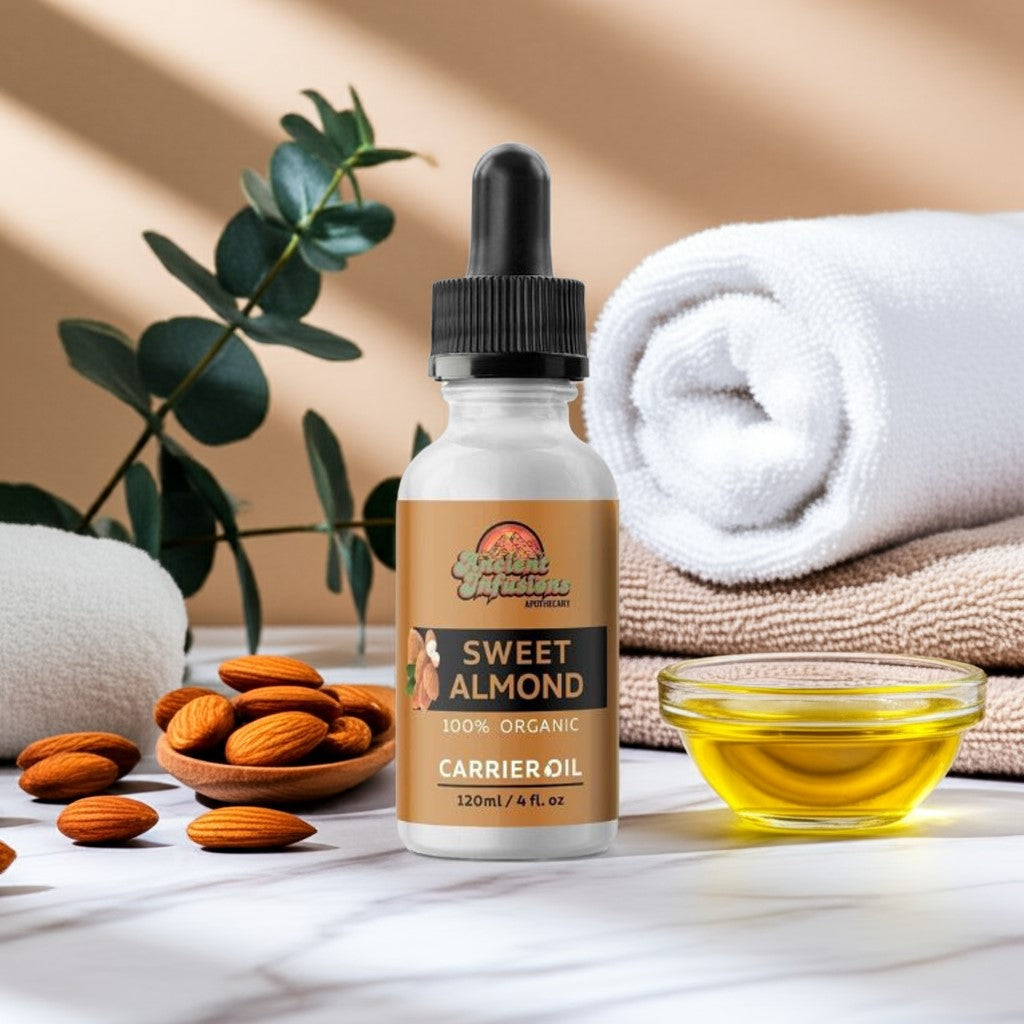 Organic sweet almond oil carrier oil by Ancient Infusions – 100% pure cold-pressed oil for skin hydration, soothing massage, and hair nourishment.