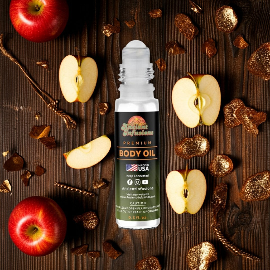 Paco Rabanne 1 Million Elixir Inspired Body Oil roll-on with apple slices and brown decorative elements on wooden background.