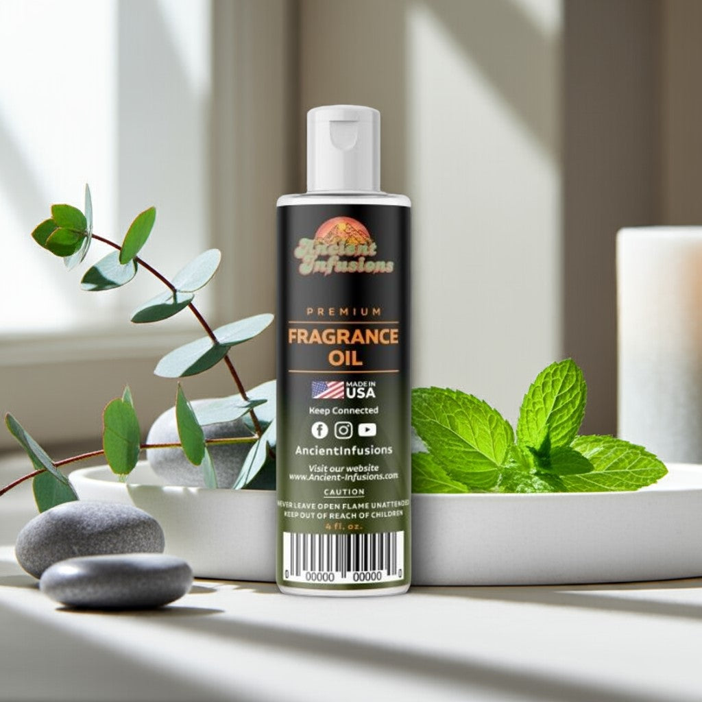 Bottle of premium fragrance oil with a plant and candle in the background