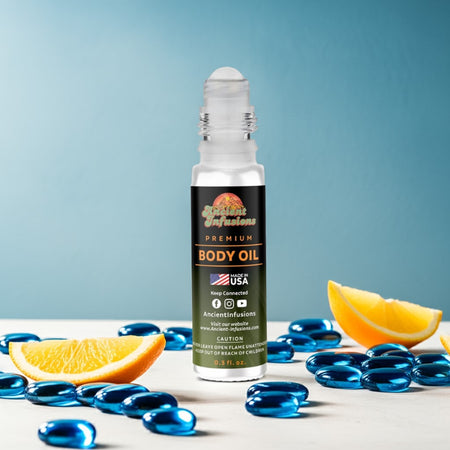 Perry Ellis 360 for Men Inspired Body Oil with citrus slices and blue beads background.