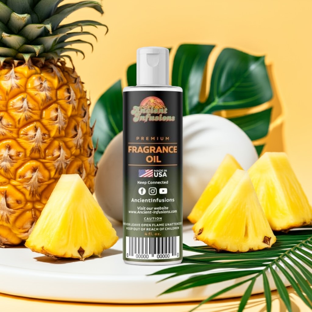 Bottle of fragrance oil with a pineapple and slices on a decorative background