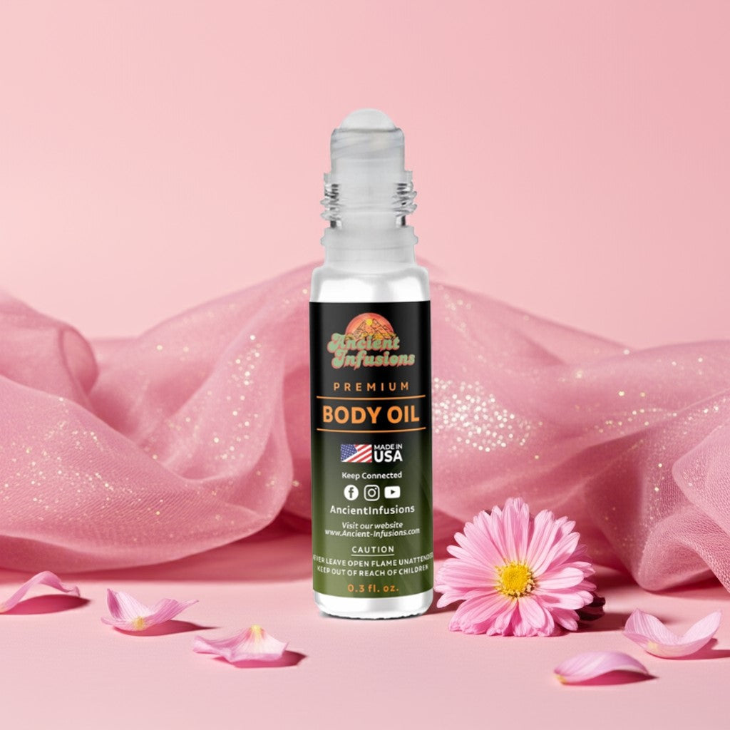 Pink Chiffon body oil bottle standing on a blush-toned table with floral accents