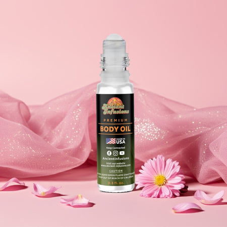 Pink Chiffon body oil bottle standing on a blush-toned table with floral accents