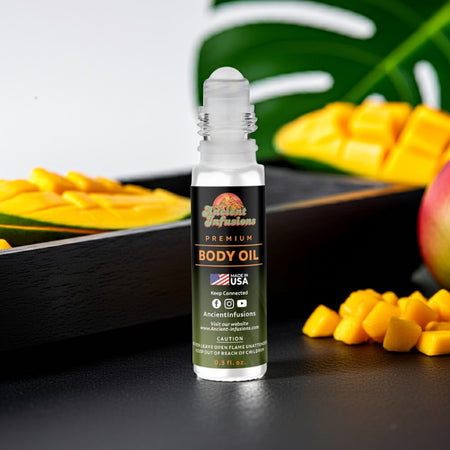 Polo Black inspired body oil standing on sleek black wood with clean, minimalist background