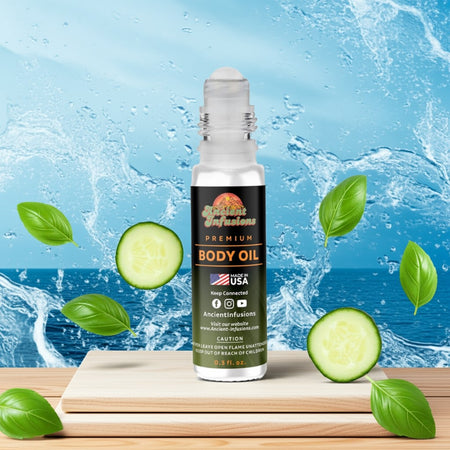 Polo Blue body oil bottle standing upright on a wood table with ocean-toned backdrop