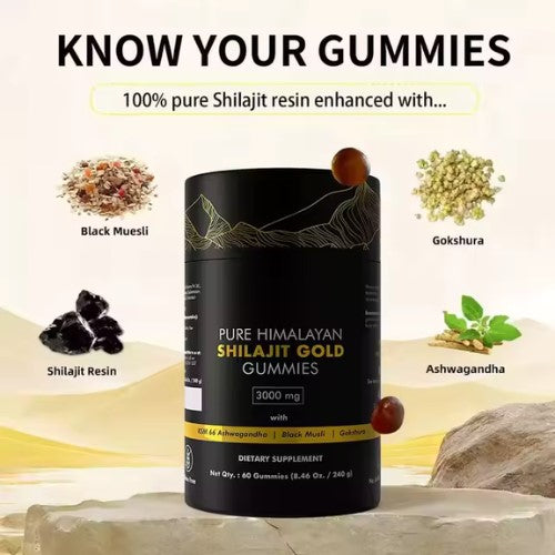 Black container of Pure Himalayan Shilajit Gold Gummies with ingredients displayed on a beige background