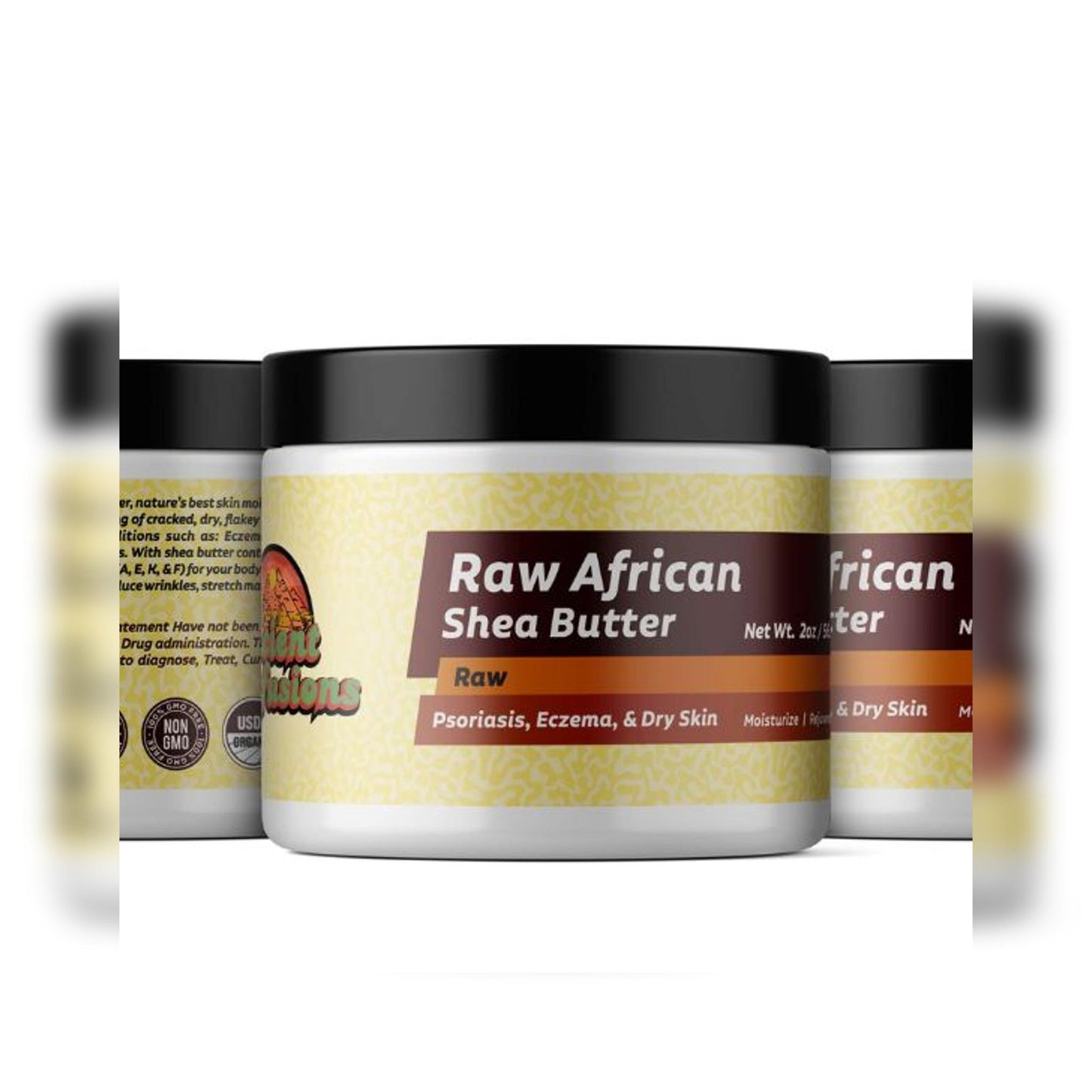 Front and back label of Mango Butter-inspired shea butter jar.