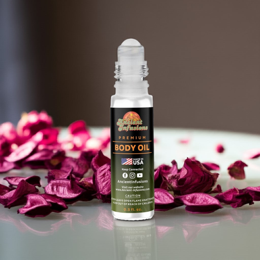Rose Petals uncut body oil bottle on white table with scattered rose petals
