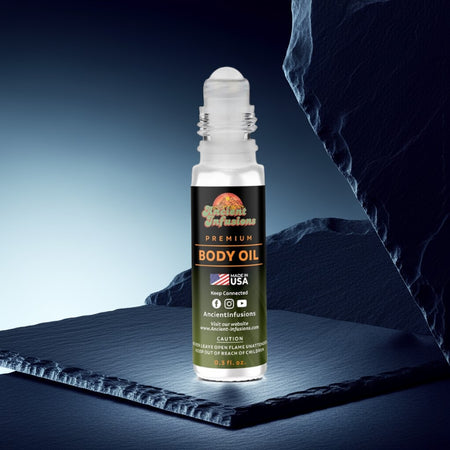 Sean John I Am King Inspired Body Oil in elegance, alcohol-free fragrance bottle on rocky background, premium body oil.