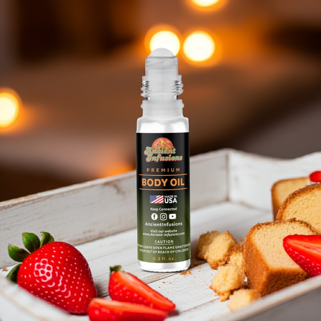 Strawberry Pound Cake body oil roll-on with strawberries and vanilla cake on wooden tray