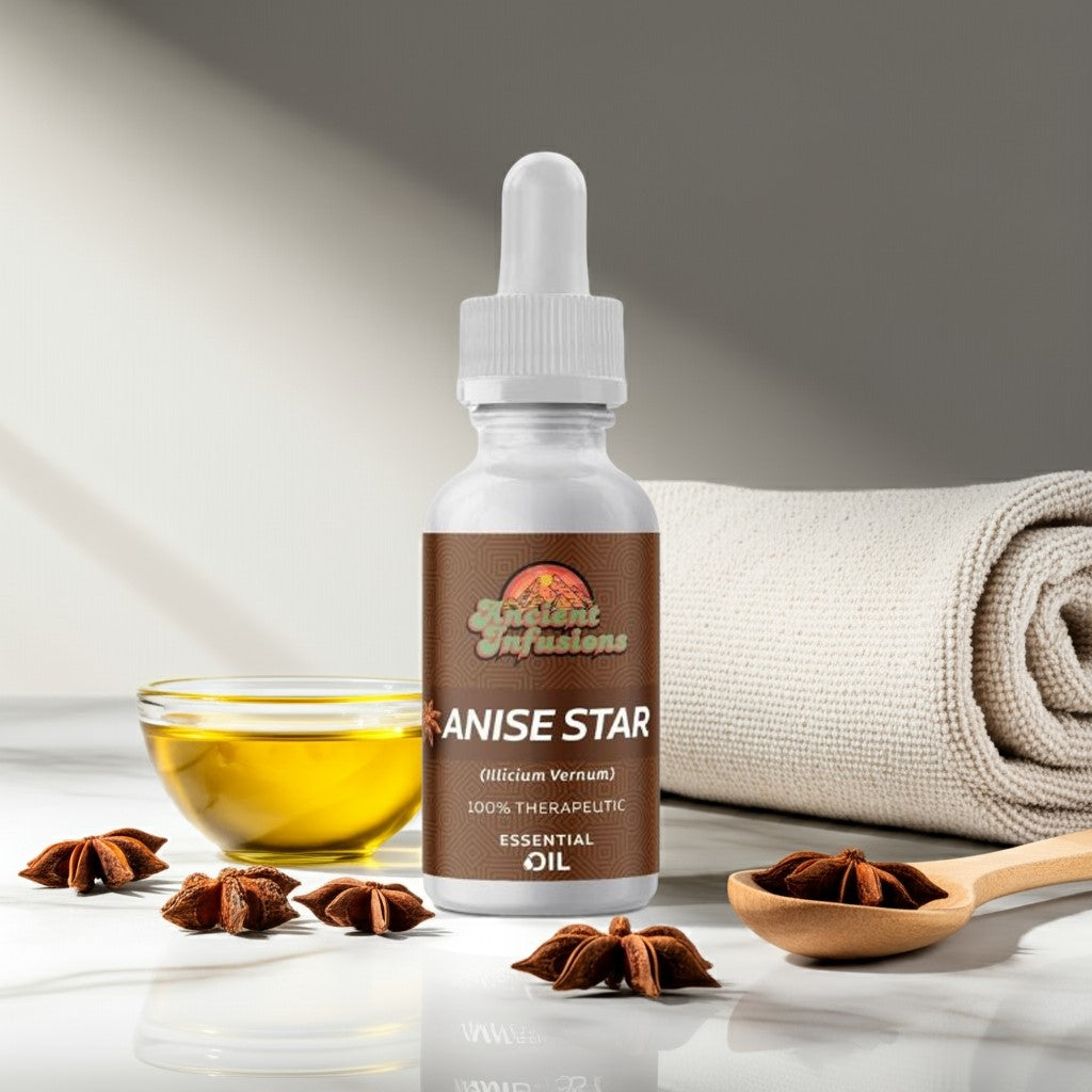 Therapeutic anise star essential oil by Ancient Infusions β 100% pure aromatherapy oil for digestion support, relaxation, and respiratory health.
