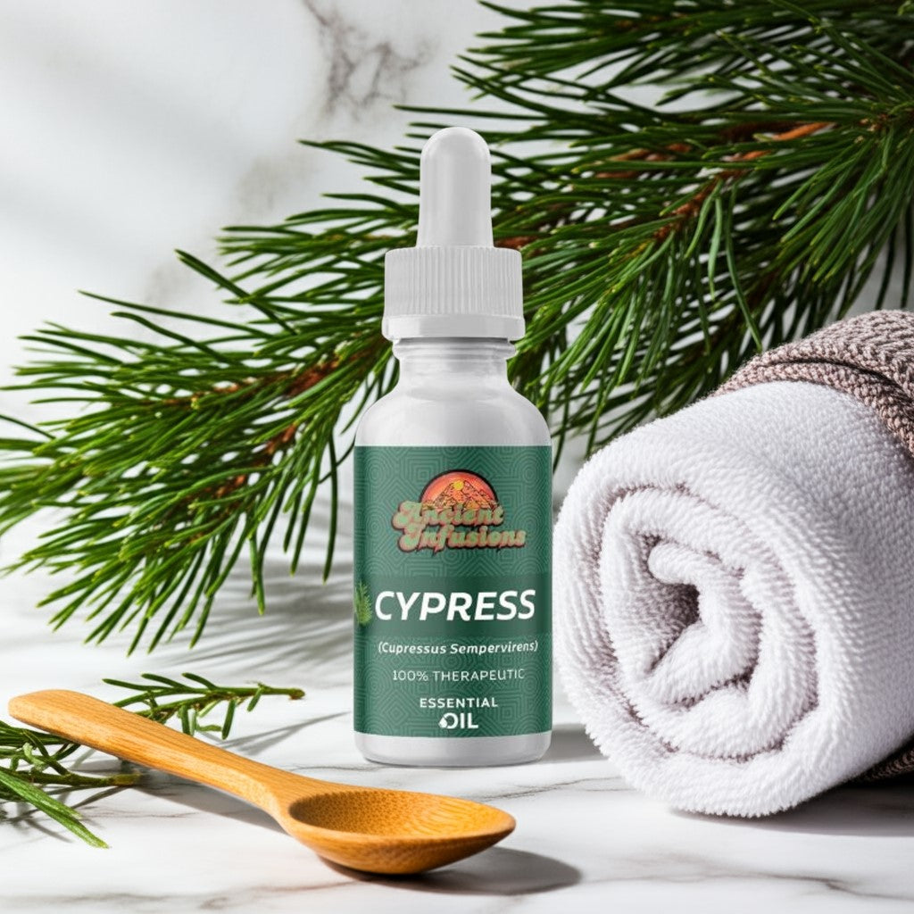 Therapeutic cypress essential oil by Ancient Infusions β 100% pure aromatherapy oil for circulation support, respiratory health, and emotional balance.