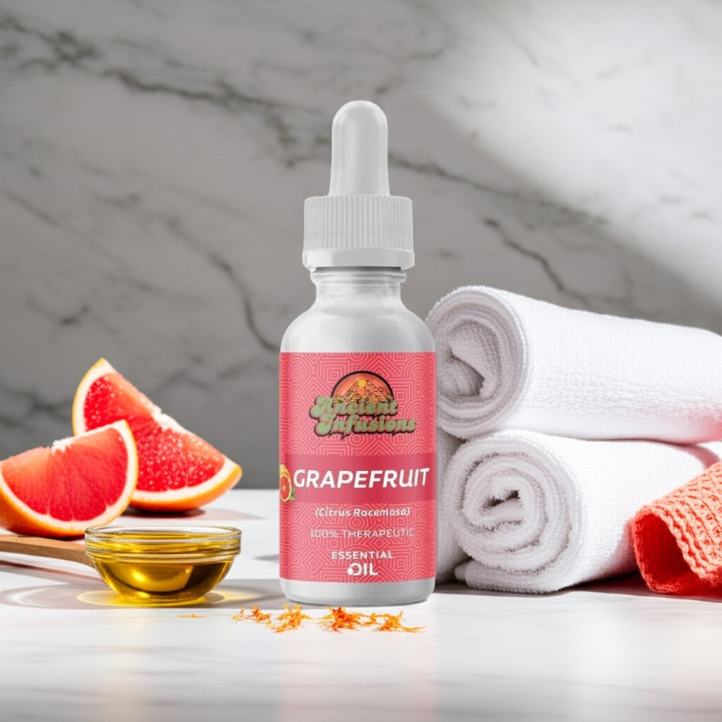 Therapeutic grapefruit essential oil by Ancient Infusions – 100% pure citrus aromatherapy oil for mood boost, detox support, and skincare.