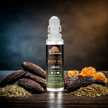 Tom Ford Fabulous inspired body oil on wooden platform with amber and vanilla accents