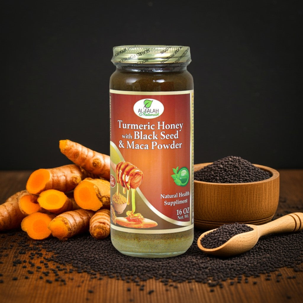 Wooden spoon drizzling turmeric honey with black seed and maca, surrounded by turmeric root and herbs.