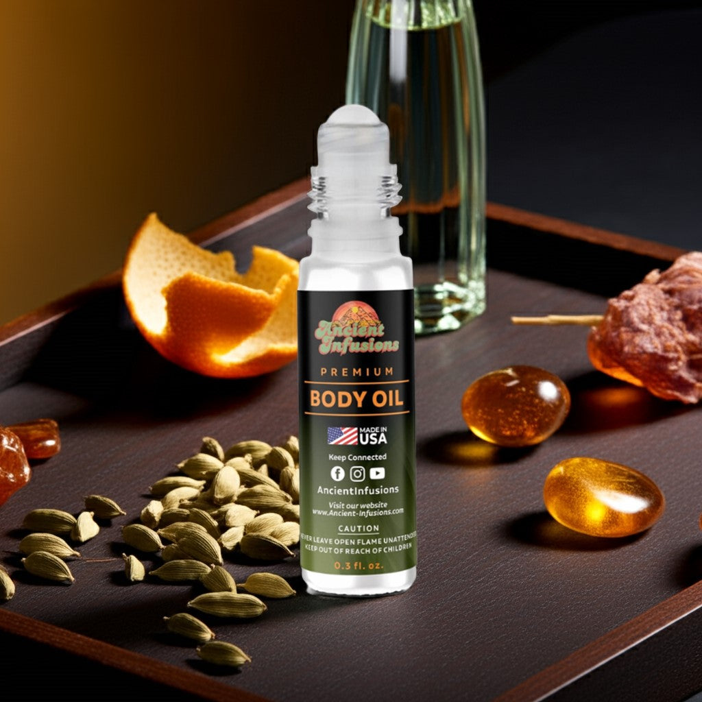 Bottle of Very Sexy for Men Inspired Body Oil surrounded by citrus and spices on a dark tray.