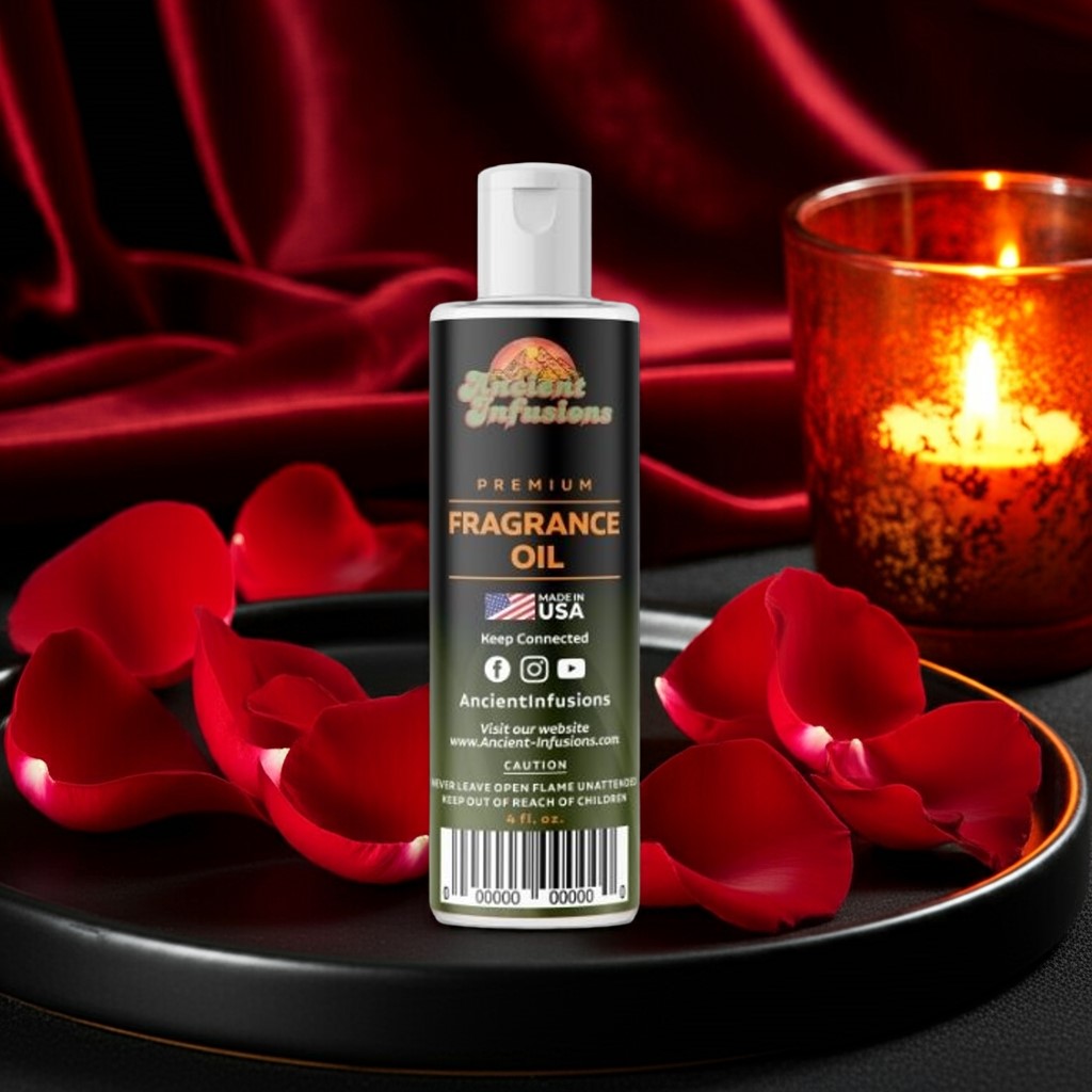 Bottle of Ancient Infusions fragrance oil with red rose petals and a candle on a dark surface.