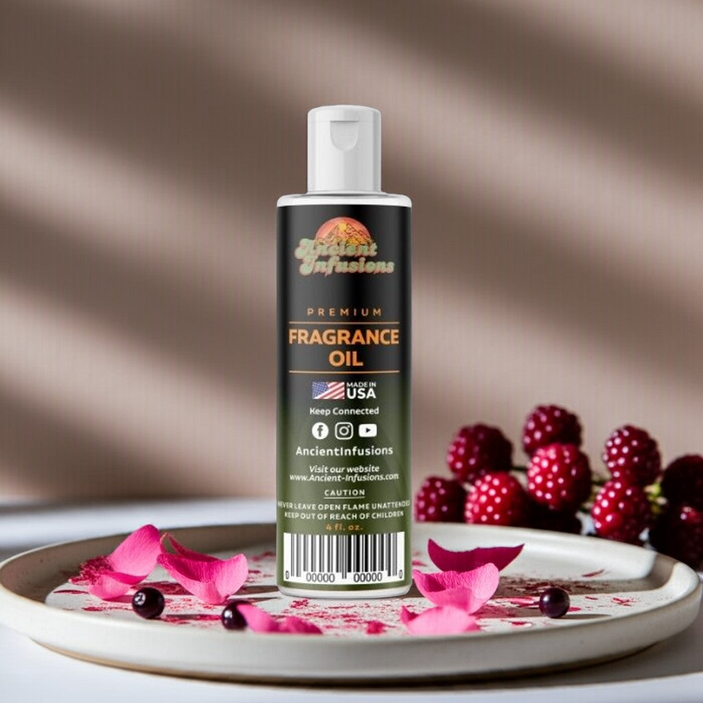 Bottle of Ancient Infusions fragrance oil on a plate with pink petals and berries