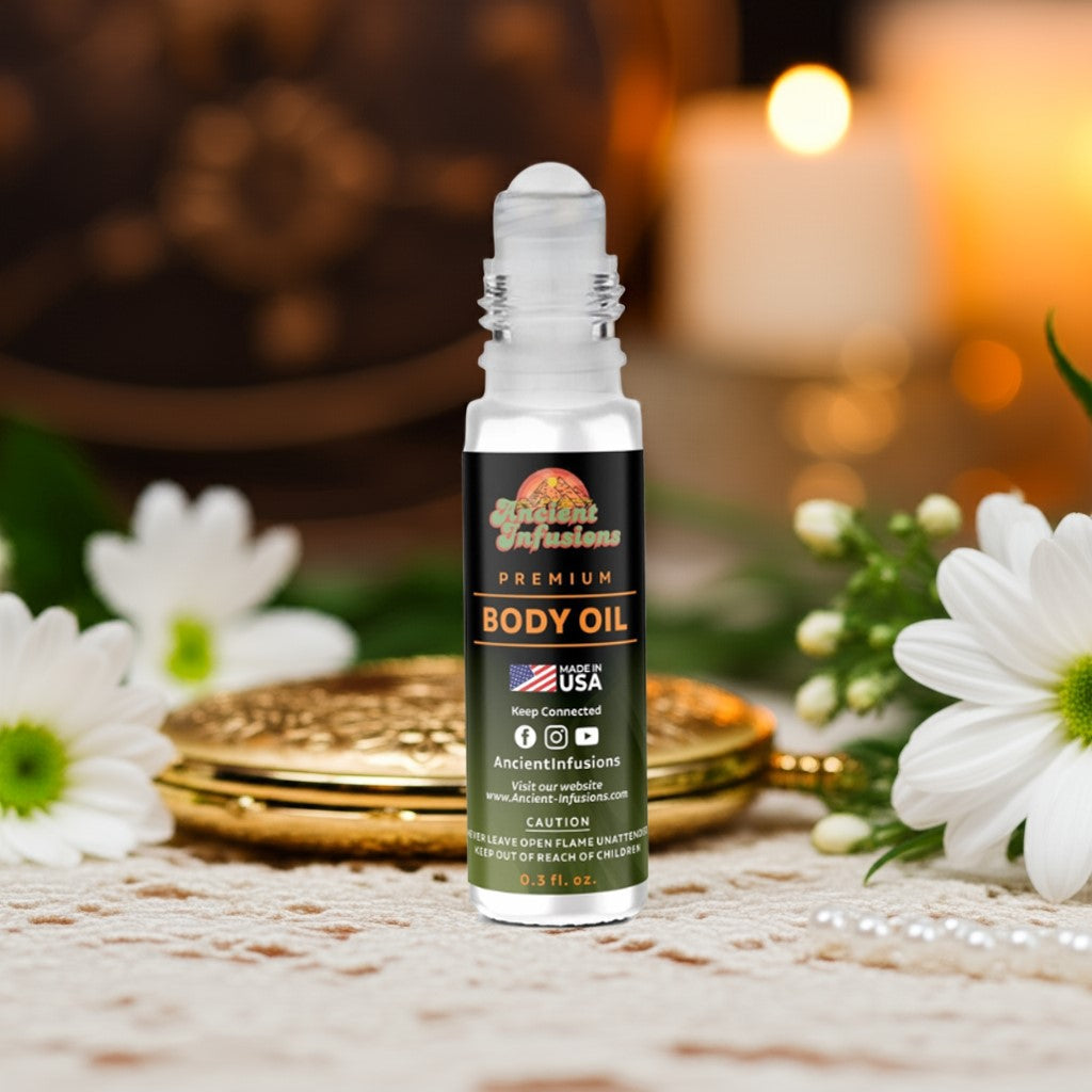 White Diamond body oil bottle with flowers and candles in the background