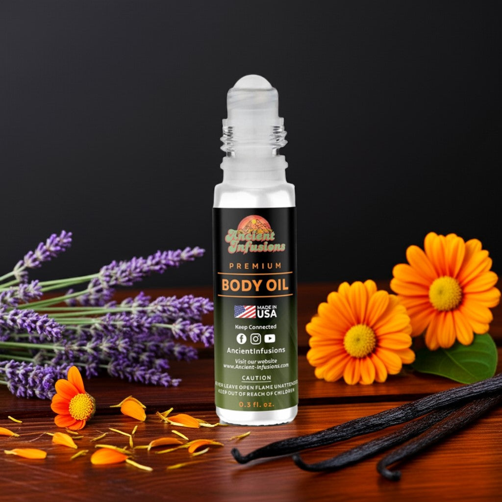 YSL Libre Inspired Body Oil bottle with lavender and flowers, showcasing pure, uncut, alcohol-free formula on a wooden surface.