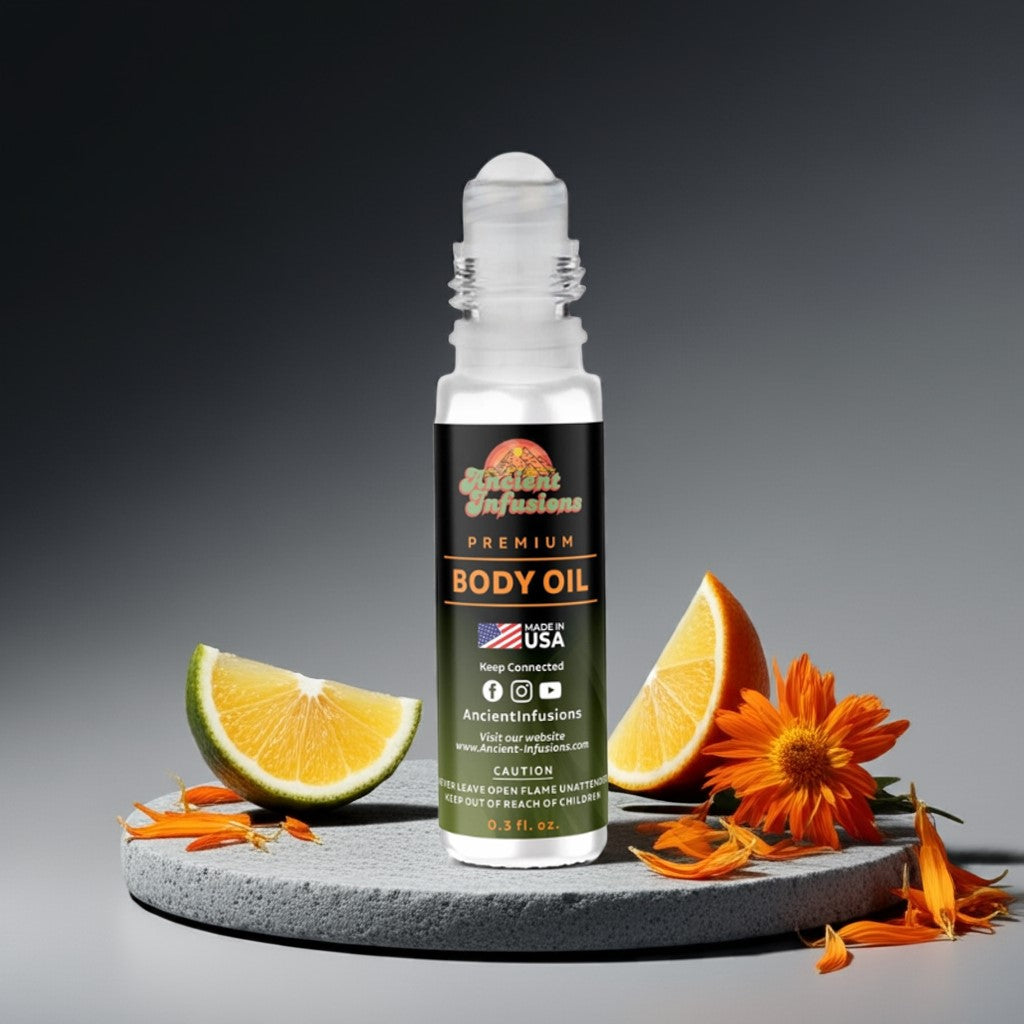 YSL MYSLF Inspired Body Oil bottle with citrus and floral accents on display.