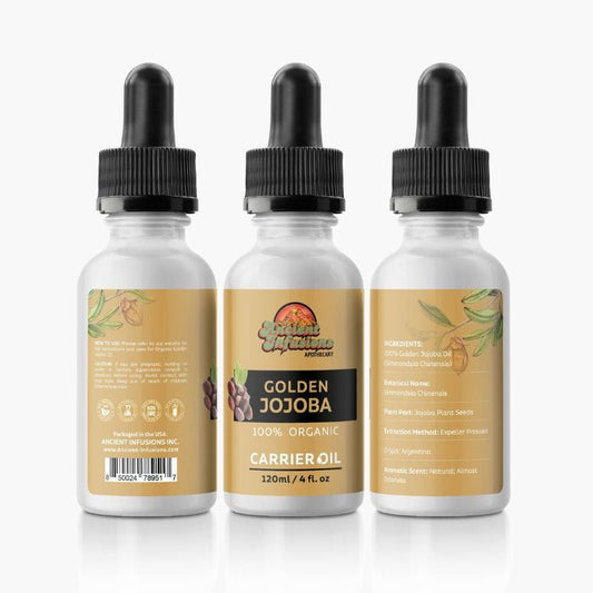 Golden Jojoba Carrier Oil by Ancient Infusions: Discover the Nourishing Benefits and Various Uses for Radiant Skin and Hair.