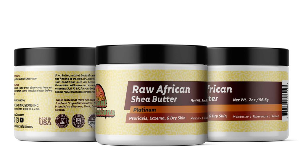Experience the nourishing benefits of raw organic African shea butter infused with platinum fragrance for soft, hydrated skin and hair.