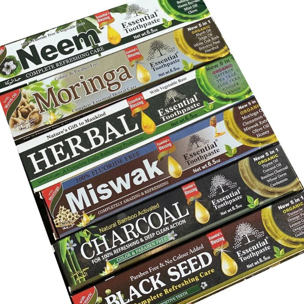 Essential Palace 5-in-1 Fluoride-Free Toothpaste Collection – Neem, Black Seed, Sea Moss, Bamboo Charcoal, Miswak, Moringa, and Elderberry