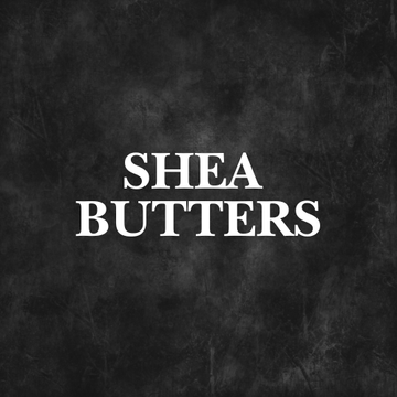 Raw African Shea Butters Collection displayed in jars on a table with herbs and towels.