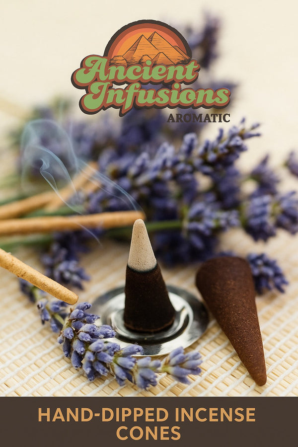Hand-dipped incense cones by Ancient Infusions – clean-burning natural cones in signature scents for meditation, relaxation, and spiritual rituals.