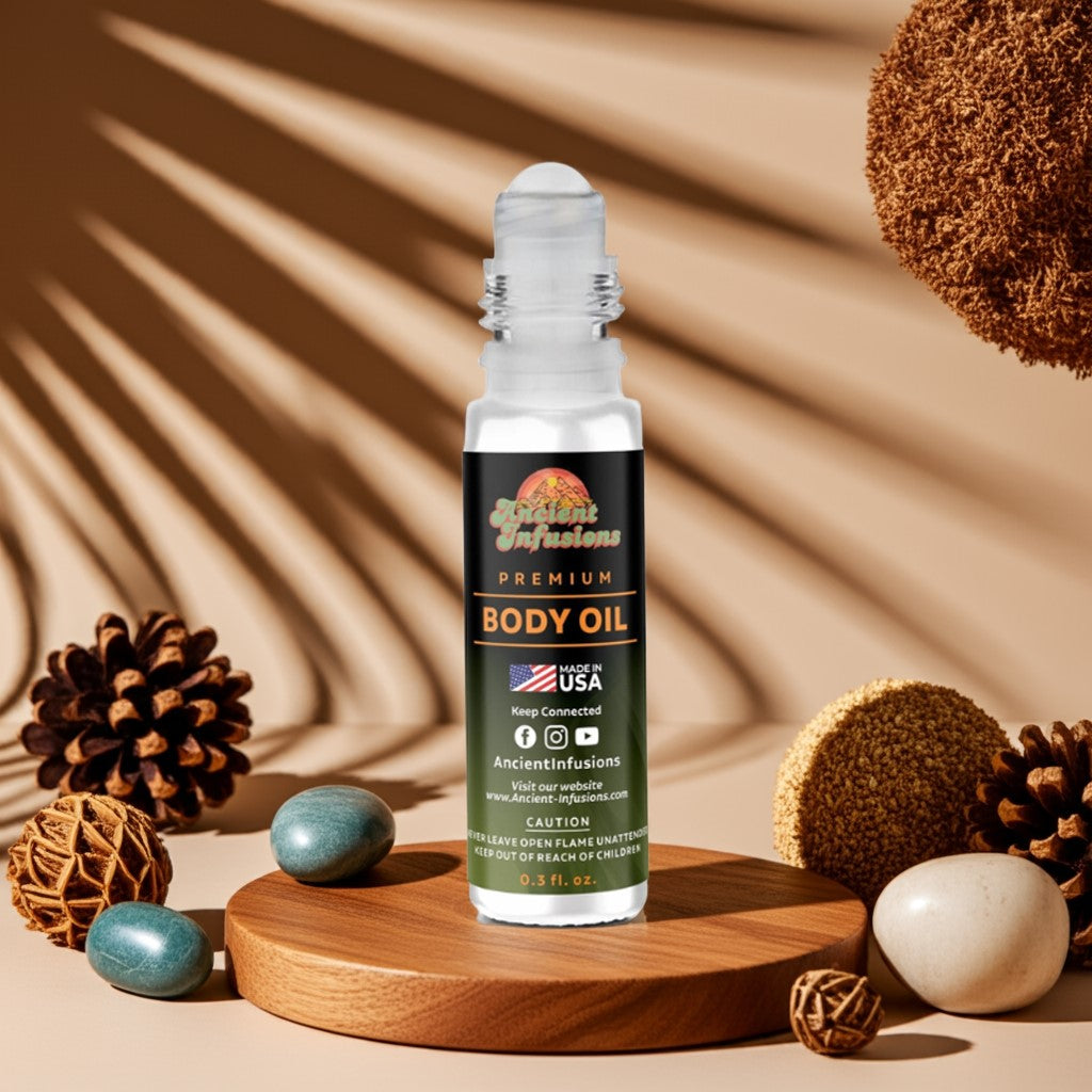 Single roll-on body oil bottle on wood platform with minimal natural background – Luxury Body Oils by Ancient Infusions