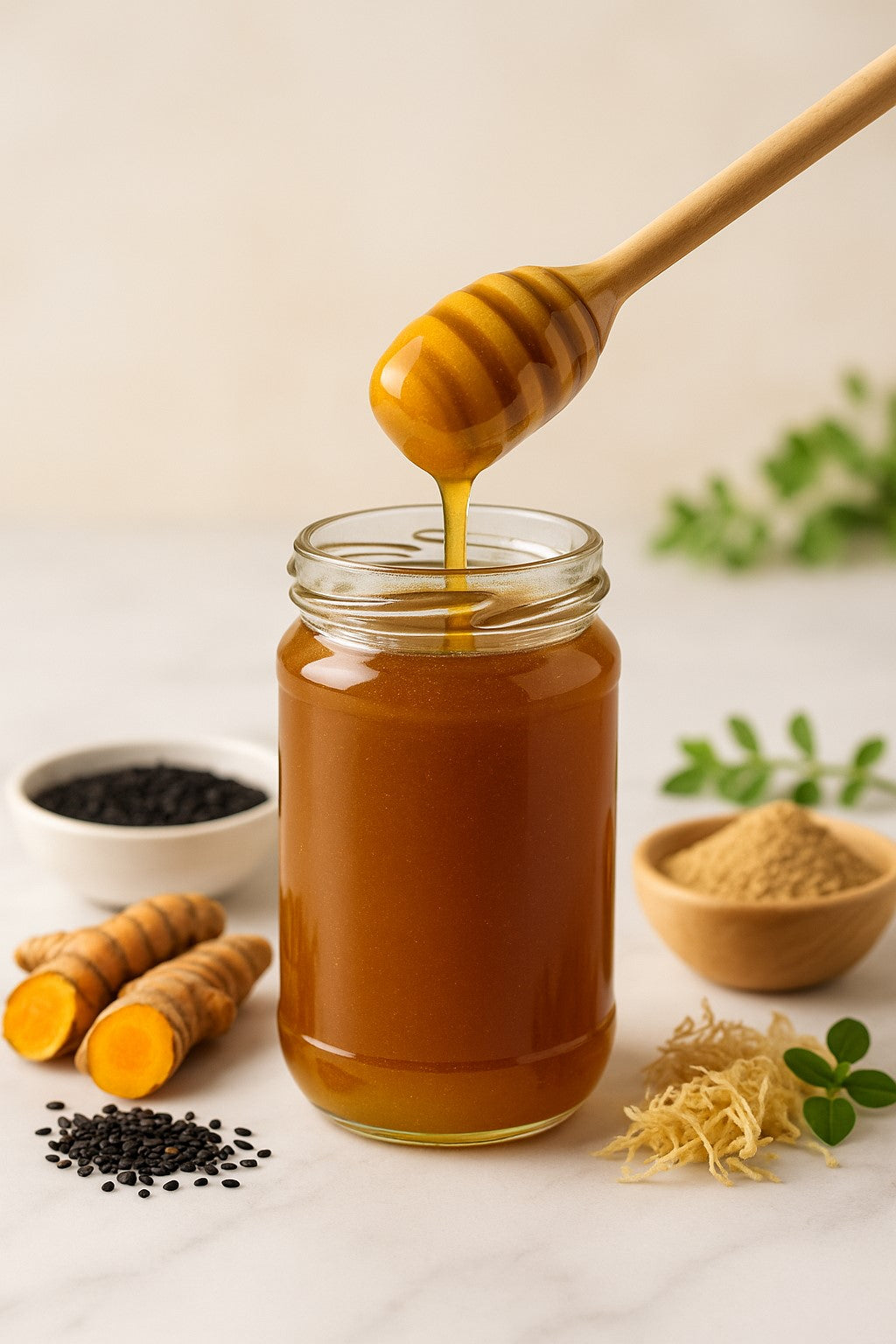 Herbal honey infused with soursop, sea moss, turmeric, and ashwagandha displayed in glass jars.