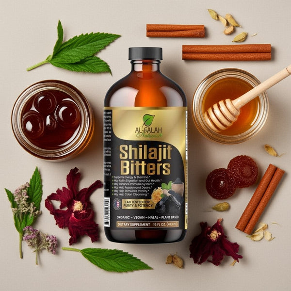 Herbal Supplements Collection - Shilajit Bitters bottle with natural ingredients like honey, cinnamon, and herbs displayed