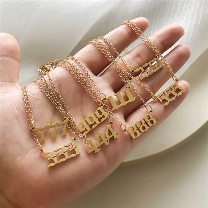 Numerical Symbolism Necklaces Collection by Ancient Infusions – Spiritual Gold and Silver Necklaces Featuring 111, 222, 333, 444, 555, 666, 777, 888, and 999.