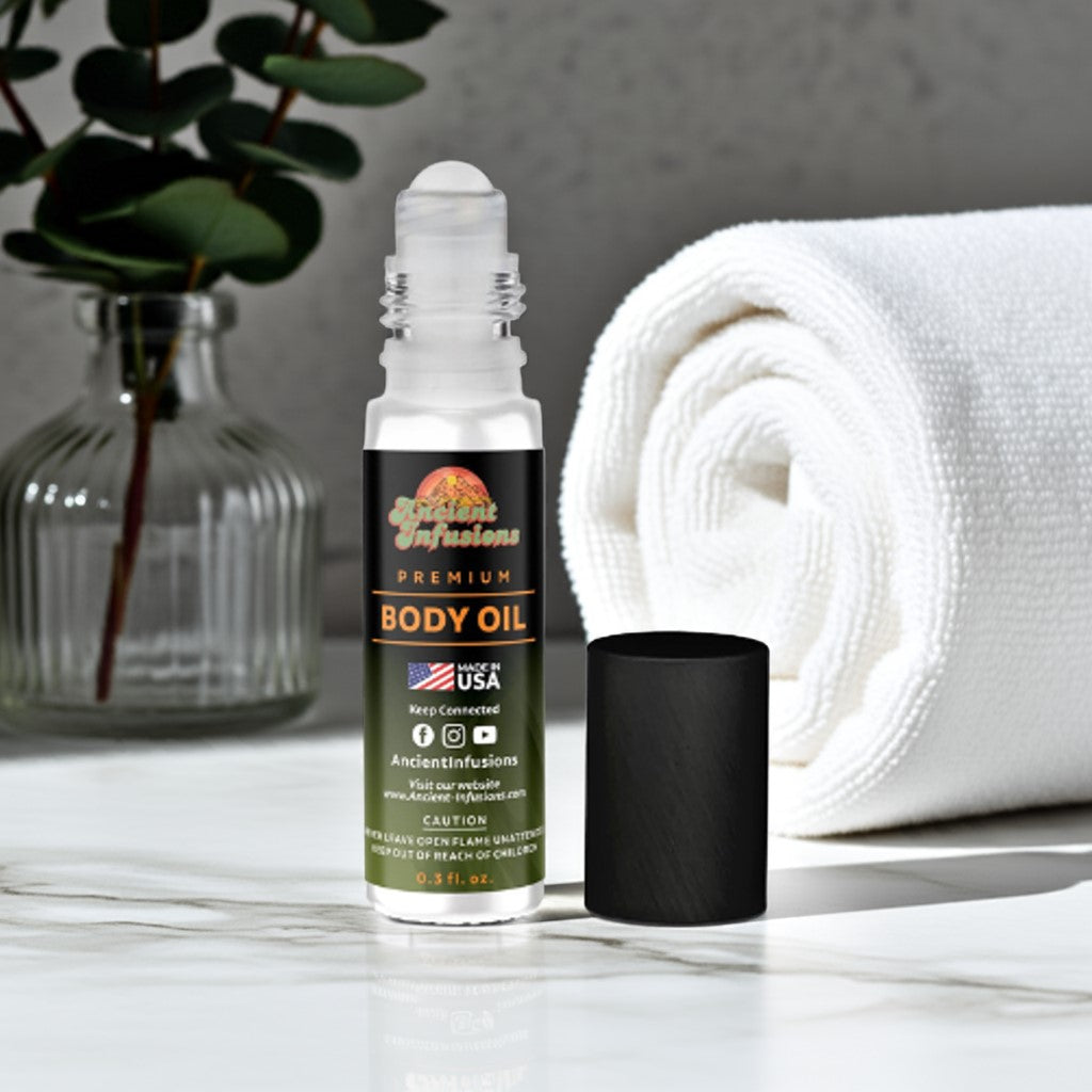 Ancient Infusions Amber White Body Oil roll-on bottle with premium label, representing the Unisex Body Oils Collection.
