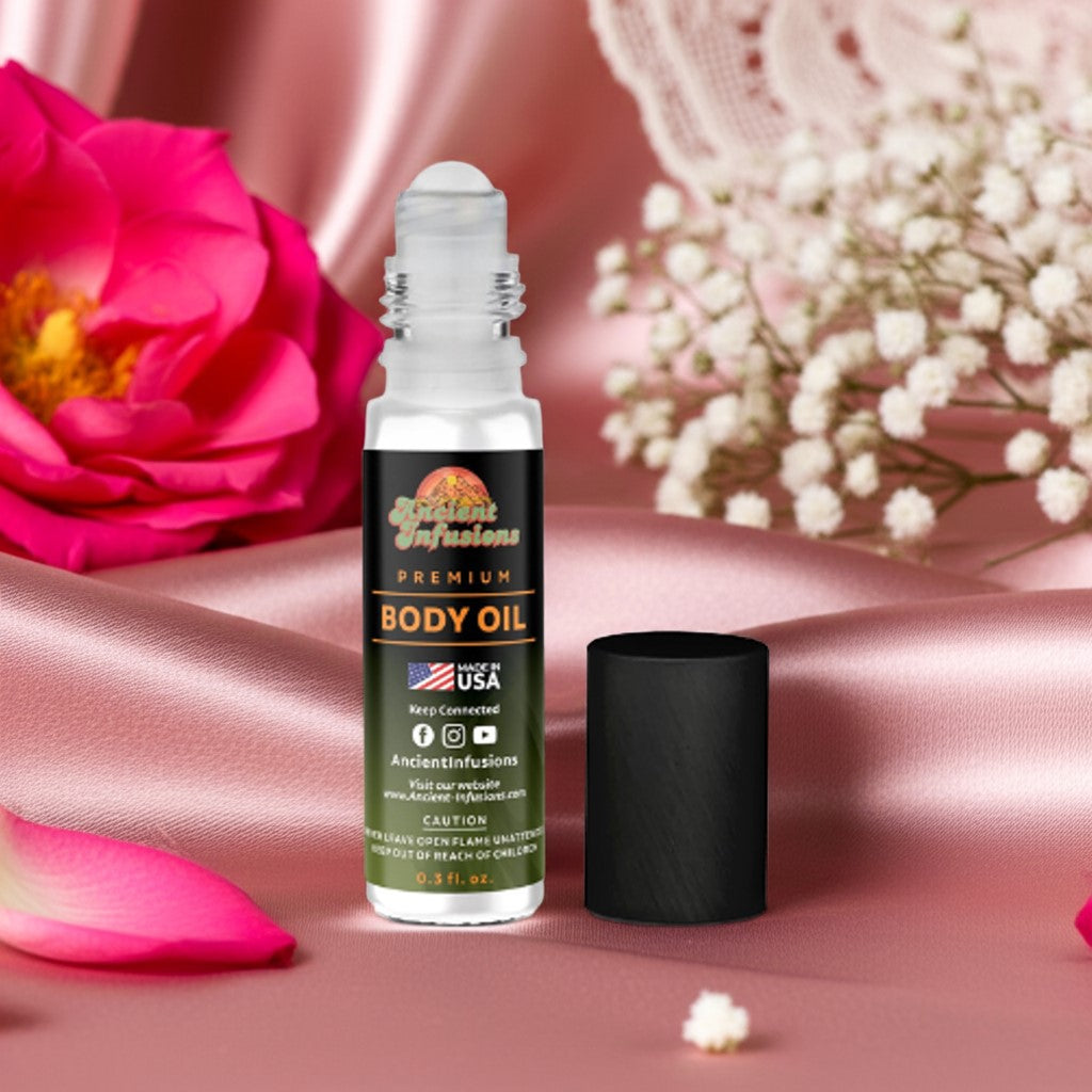 Women’s body oils by Ancient Infusions featuring floral and fruity roll-on scents like Love Spell, Be Delicious, and Vanilla.