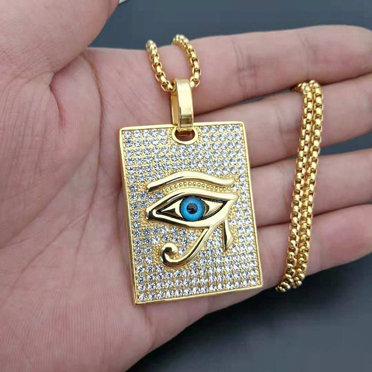 18k Gold Egyptian Eye of Ra Dog Tag Necklace with Stainless Steel Chain by Ancient Infusions – Bold Spiritual Jewelry for Men and Women.