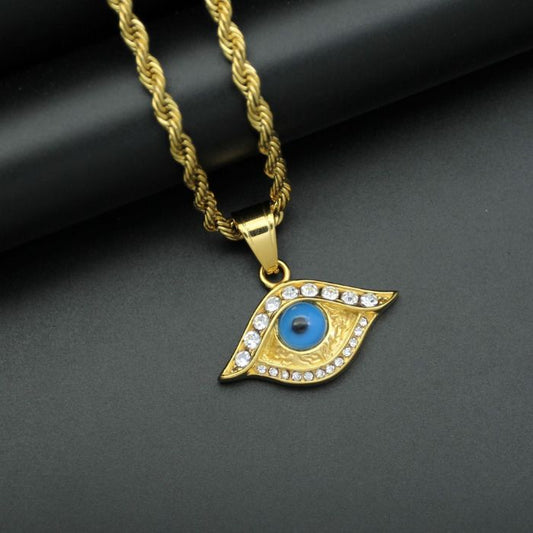 18k Gold-Plated Evil Eye Necklace with Cuban Zircons and Stainless Steel Chain by Ancient Infusions – Protective Jewelry.